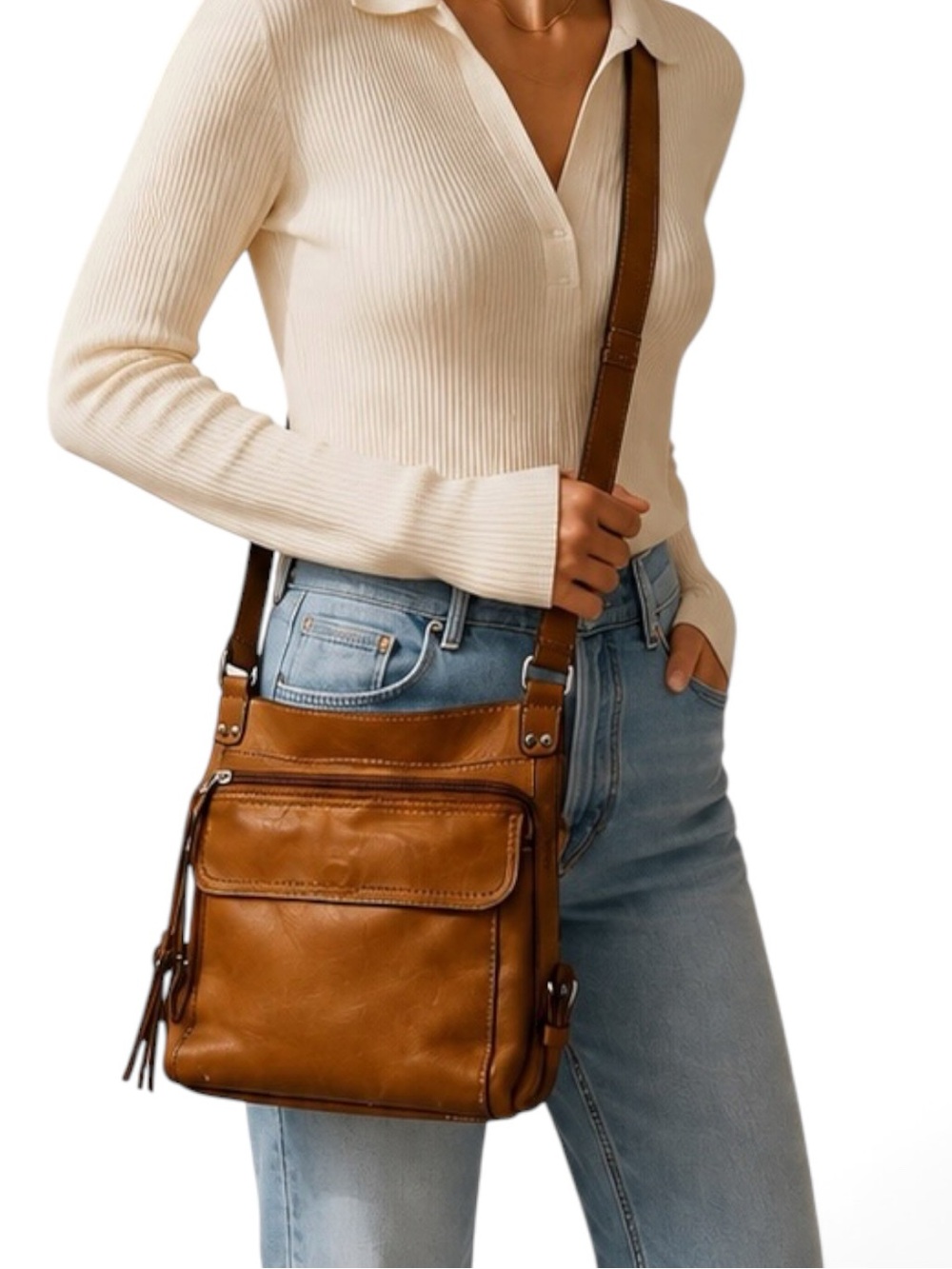 Fossil Genuine Leather Crossbody Messenger Bag Cognac Brown Organizer